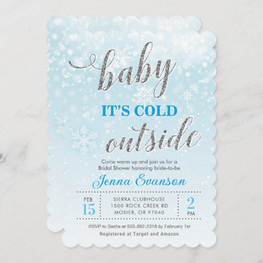 ベビー冬の青の外は寒いブライダルシャワー 招待状 (正面/裏面)