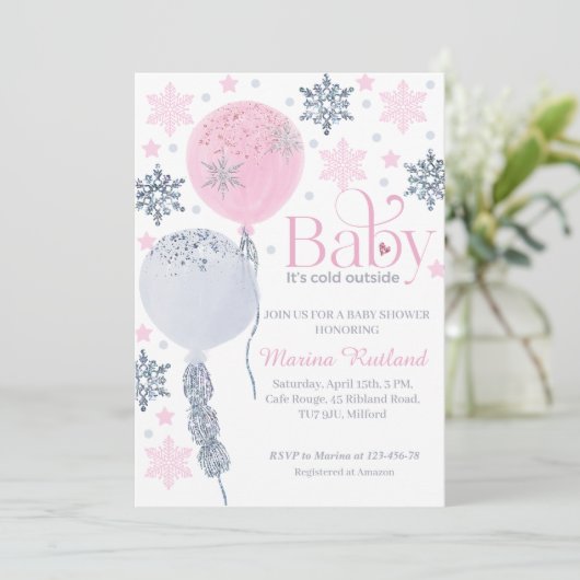 ベビー冬の風船の外は寒いベビーシャワー 招待状 (スタンド正面)