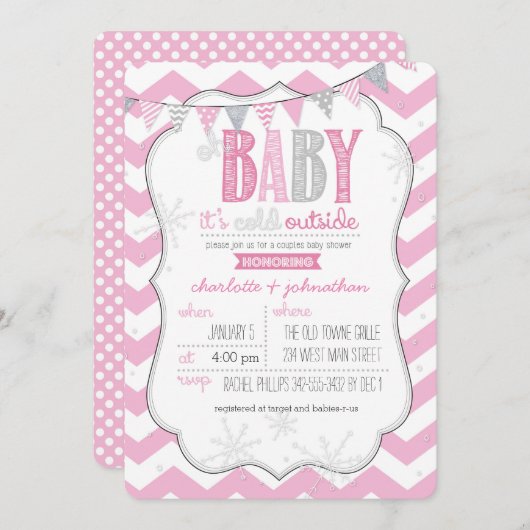 ベビー冷たいアウトサイドピンクカップルのシャワー招待状 招待状 (正面/裏面)