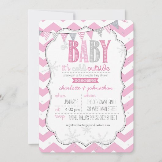 ベビー冷たいアウトサイドピンクカップルのシャワー招待状 招待状 (正面)