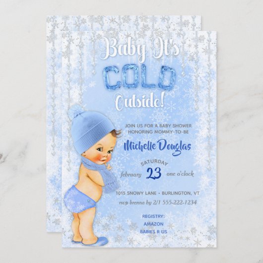 ベビー冷たいスノーフレーク氷の青い男の子シャワー 招待状 (正面/裏面)