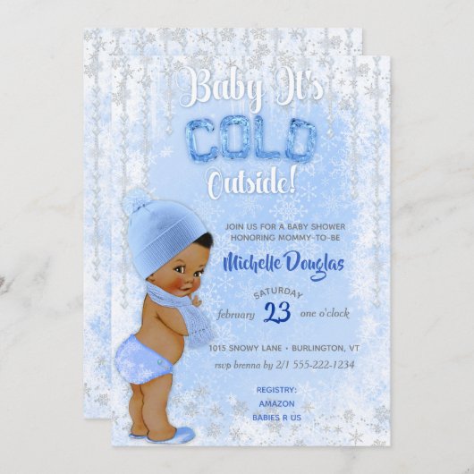 ベビー冷たいスノーフレーク青のエスニック・ボーイ・シャワー 招待状 (正面/裏面)