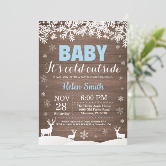 ベビー冷たい外のシカの冬の男の子のベビーシャワー 招待状 (スタンド正面)