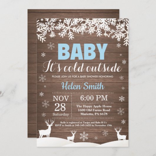 ベビー冷たい外のシカの冬の男の子のベビーシャワー 招待状 (正面/裏面)
