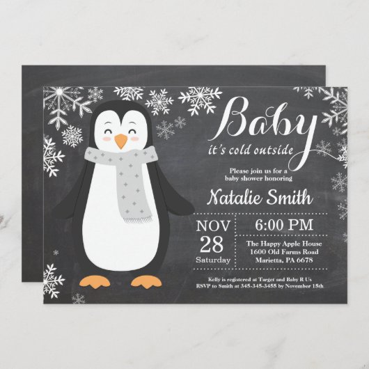 ベビー冷たい外のペンギンのベビーシャワー 招待状 (正面/裏面)