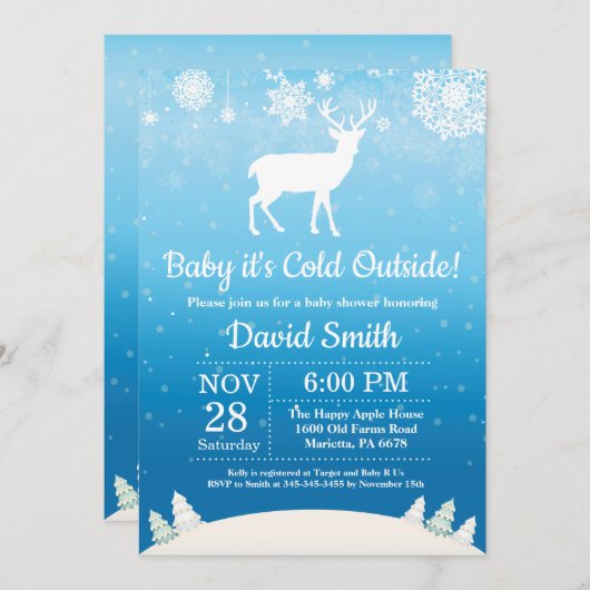ベビー冷たい外の冬のシカの男の子のベビーシャワー 招待状 (正面/裏面)