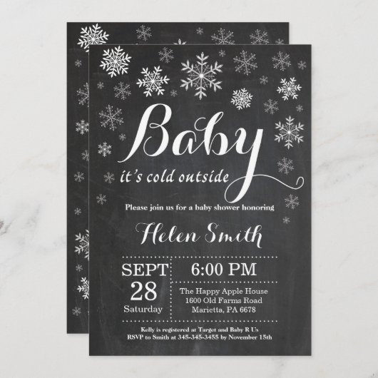 ベビー冷たい外の冬のベビーシャワー 招待状 (正面/裏面)