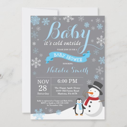 ベビー冷たい外の冬の男の子のベビーシャワーの青 招待状 (正面)