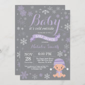 ベビー冷たい外の冬の紫色のベビーシャワー 招待状 (正面/裏面)