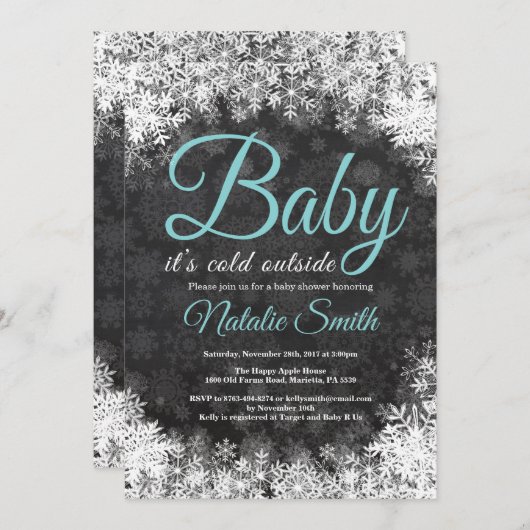 ベビー冷たい外の冬の雪片のベビーシャワー 招待状 (正面/裏面)