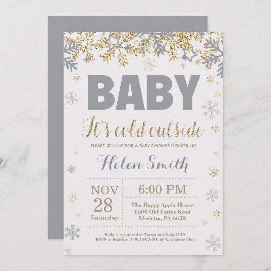 ベビー冷たい外の金ゴールドおよび灰色のベビーシャワー 招待状 (正面/裏面)