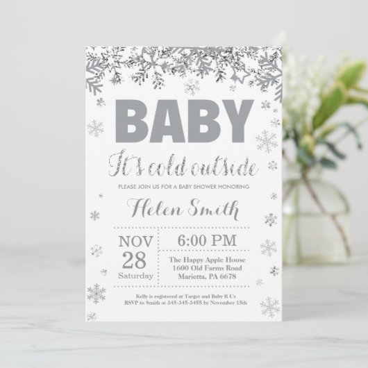 ベビー冷たい外の銀および灰色のベビーシャワー 招待状 (スタンド正面)