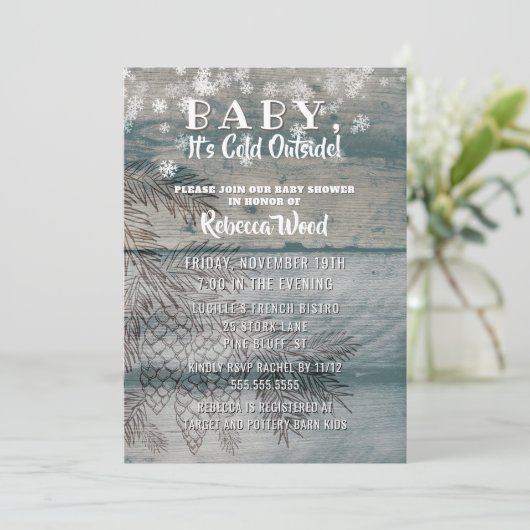 ベビー冷たい外側の素朴な木製の冬のシャワー 招待状 (スタンド正面)