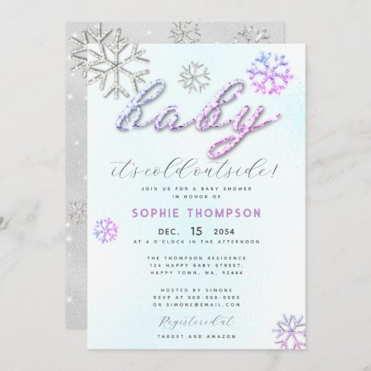 ベビー冷たい外側パープルライン石ガールシャワー 招待状 (正面/裏面)