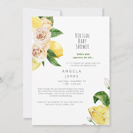 ベビー分析視点かわいいレモン仮想ベビーシャワー 招待状 (正面)