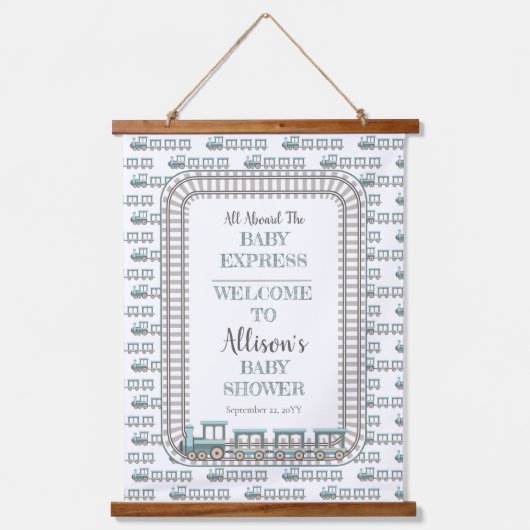 ベビー列車の男の表現子の赤ちゃんシャワーに乗って 吊り下げ型タペストリー (正面)