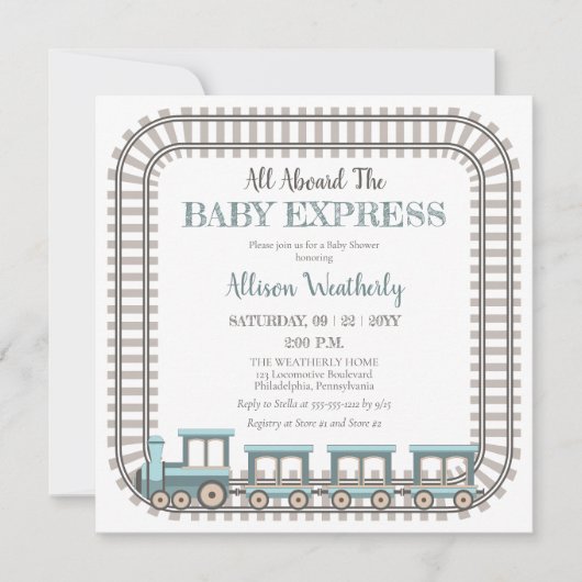 ベビー列車の男の表現子の赤ちゃんシャワーに乗って 招待状 (正面)