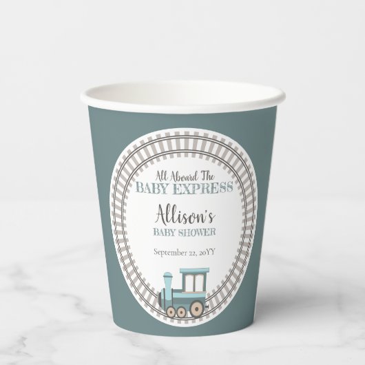 ベビー列車の男の表現子の赤ちゃんシャワーに乗って 紙コップ (裏面)