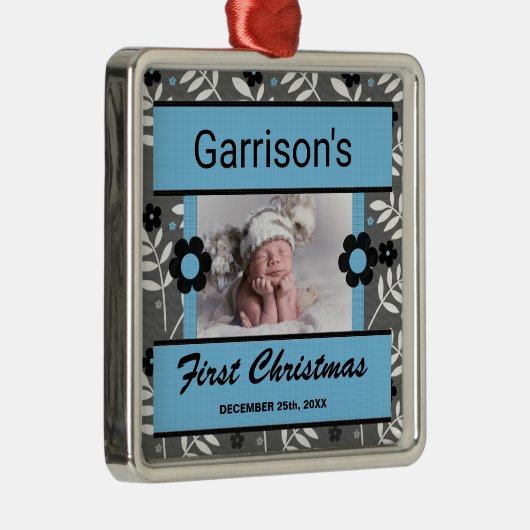 ベビー初のクリスマス、青と黒 メタルオーナメント (右)