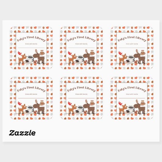 ベビー初の図書館、ウッドランド動物蔵書票 スクエアシール (シート)