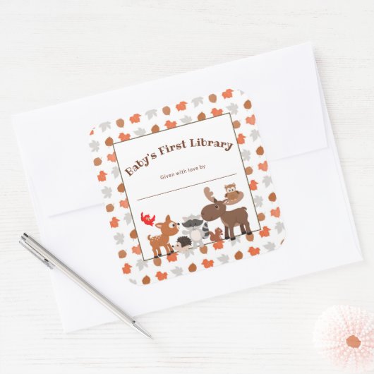 ベビー初の図書館、ウッドランド動物蔵書票 スクエアシール (封筒)