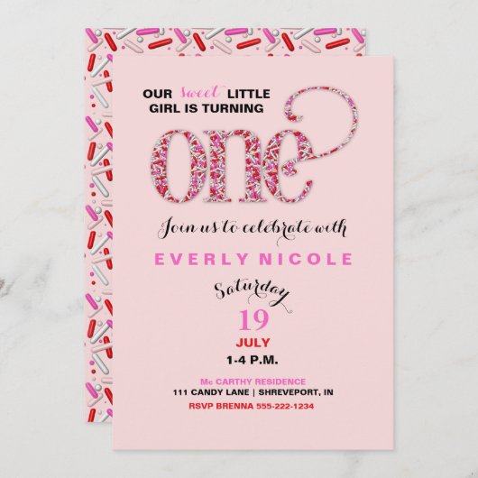 ベビー初の誕生日レッドピンクスプリンクル 招待状 (正面/裏面)