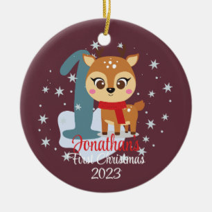 ベビー初めてのクリスマスかわいいトナカイモダンカラー セラミックオーナメント