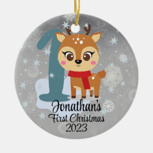 ベビー初めてのクリスマスかわいいトナカイモダンカラー セラミックオーナメント