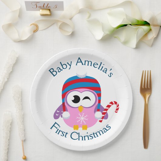 ベビー初めてのクリスマスかわいいピンクフクロウ ペーパープレート (ウェディング)