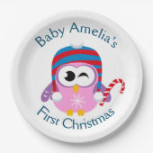 ベビー初めてのクリスマスかわいいピンクフクロウ ペーパープレート (正面)