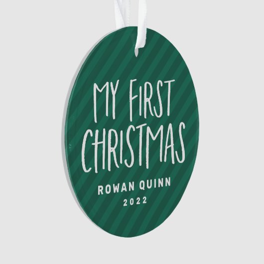 ベビー初めてのクリスマスかわいい緑のストライプの写真 オーナメント (正面)