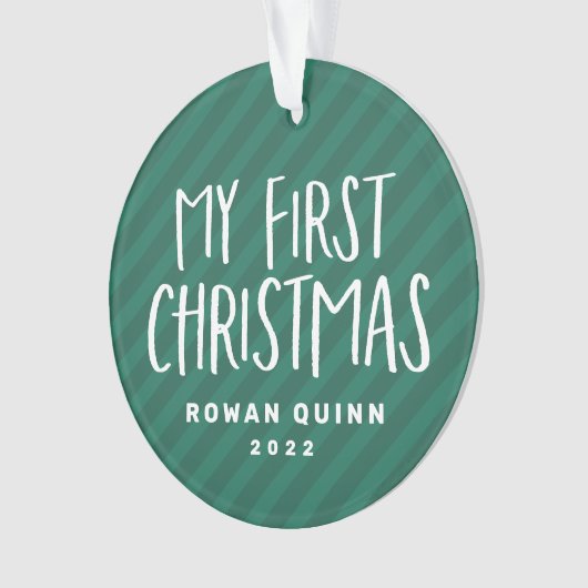 ベビー初めてのクリスマスかわいい緑のストライプの写真 オーナメント (正面)