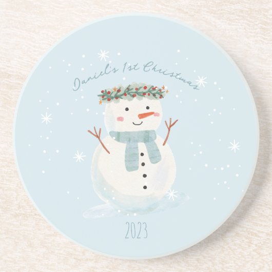 ベビー初めてのクリスマスかわいい雪だるまとスノーフレーク コースター (正面)