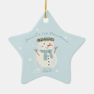 ベビー初めてのクリスマスかわいい雪だるまとスノーフレーク セラミックオーナメント