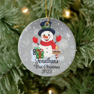 ベビー初めてのクリスマスかわいい雪だるまブラックハット セラミックオーナメント