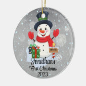 ベビー初めてのクリスマスかわいい雪だるまブラックハット セラミックオーナメント (左)