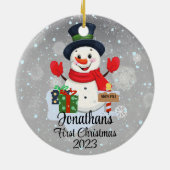 ベビー初めてのクリスマスかわいい雪だるまブラックハット セラミックオーナメント (裏面)