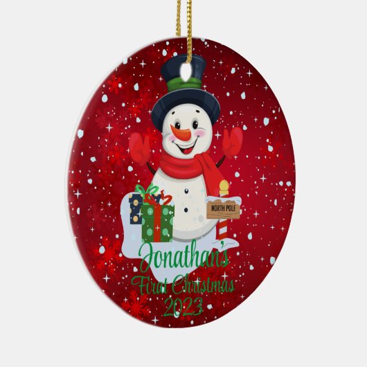 ベビー初めてのクリスマスかわいい雪だるまブラックハット セラミックオーナメント (右)