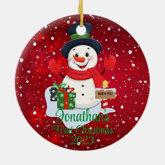 ベビー初めてのクリスマスかわいい雪だるまブラックハット セラミックオーナメント (裏面)