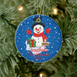 ベビー初めてのクリスマスかわいい雪だるまブラックハット セラミックオーナメント