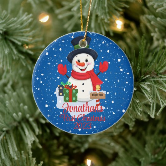 ベビー初めてのクリスマスかわいい雪だるまブラックハット セラミックオーナメント (ツリー)