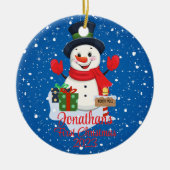 ベビー初めてのクリスマスかわいい雪だるまブラックハット セラミックオーナメント (正面)