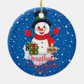 ベビー初めてのクリスマスかわいい雪だるまブラックハット セラミックオーナメント (裏面)