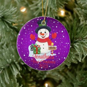 ベビー初めてのクリスマスかわいい雪だるまブラックハット セラミックオーナメント