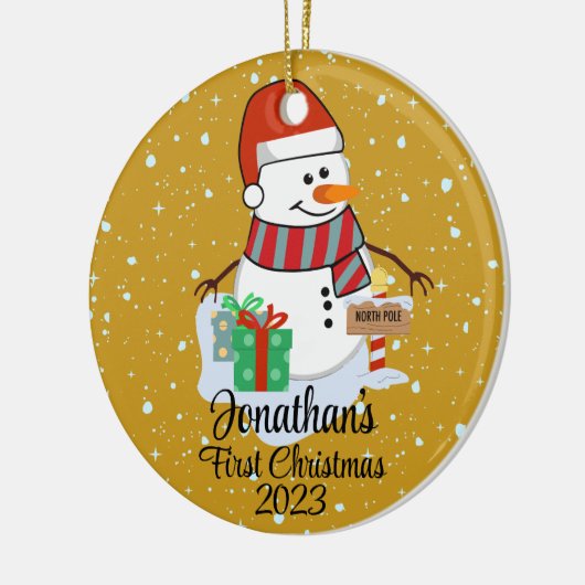 ベビー初めてのクリスマスかわいい雪だるまモダン色 セラミックオーナメント (左)