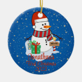 ベビー初めてのクリスマスかわいい雪だるまモダン色 セラミックオーナメント (正面)