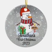 ベビー初めてのクリスマスかわいい雪だるまモダン色 セラミックオーナメント (正面)