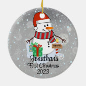 ベビー初めてのクリスマスかわいい雪だるまモダン色 セラミックオーナメント (裏面)