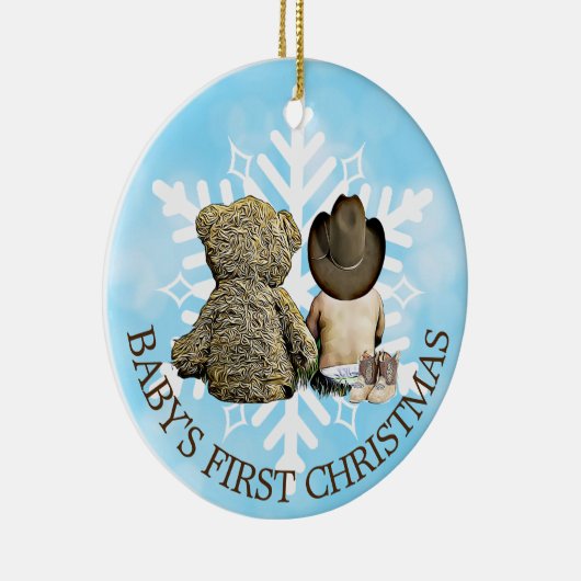 ベビー初めてのクリスマスのカウボーイとテディベア セラミックオーナメント (右)