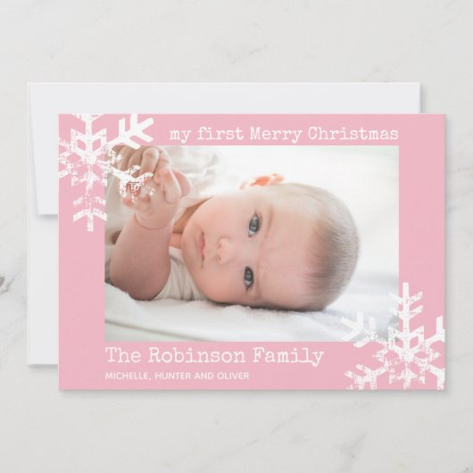 ベビー初めてのクリスマスのピンクの写真（雪片） シーズンカード (正面)